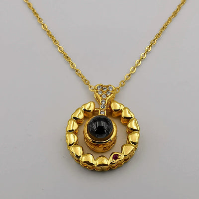 18K Yellow Gold Plated [I Love You in 100 Languages] Round Mini Heart Lens Necklace - Offer Hunts