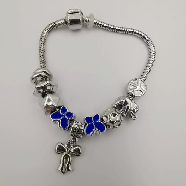 Dark Blue Butterfly Ribbon Charm Bracelet - Pand0ra Like - Offer Hunts