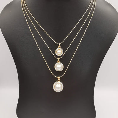 Triple Pearl Multi Layer Necklace - Golden - Offer Hunts