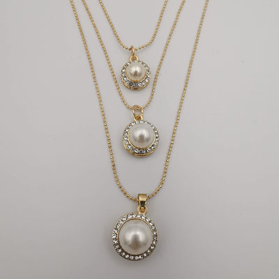 Triple Pearl Multi Layer Necklace - Golden - Offer Hunts