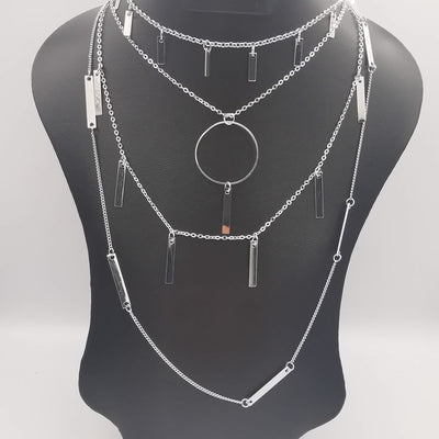 Rectangular Danglers Multi Layer Necklace - Silver - Offer Hunts