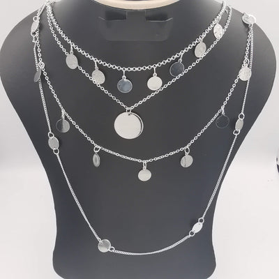 Majestic Round Danglers Multi Layer Necklace - Silver - Offer Hunts