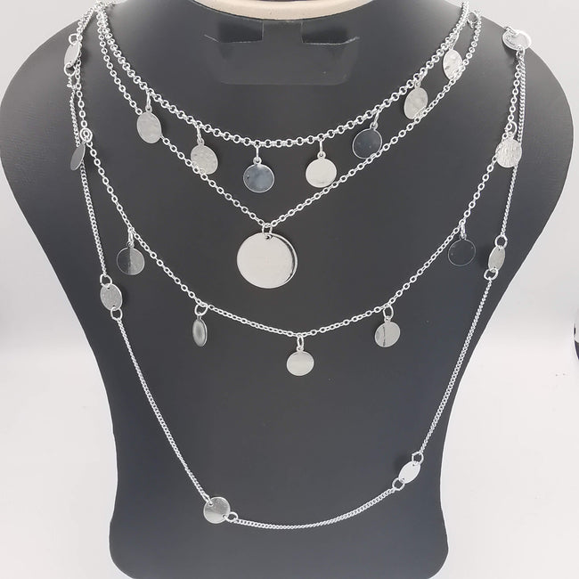 Majestic Round Danglers Multi Layer Necklace - Silver - Offer Hunts