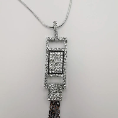 Rectangular Bling Silver Necklace - CZ Crystals - Offer Hunts