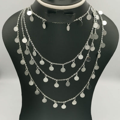 Round Danglers Multi Layer Necklace - Silver - Offer Hunts