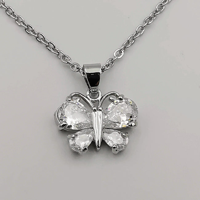 Butterfly Silver Necklace - CZ Crystals - Offer Hunts
