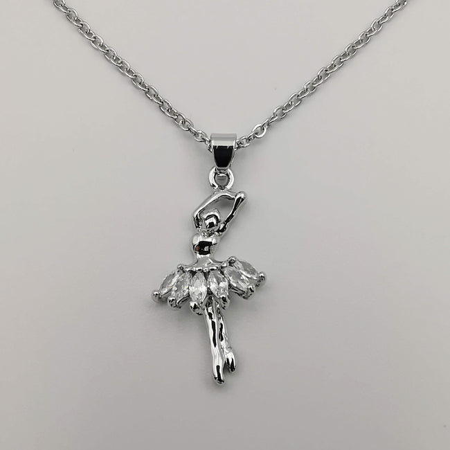 Dancing Ballerina Silver Necklace - CZ Crystals - Offer Hunts