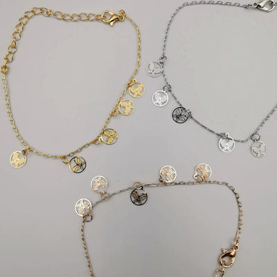 [3 Anklet Set] Round Butterfly Design - Silver + Yellow Gold + Rose Gold - Offer Hunts