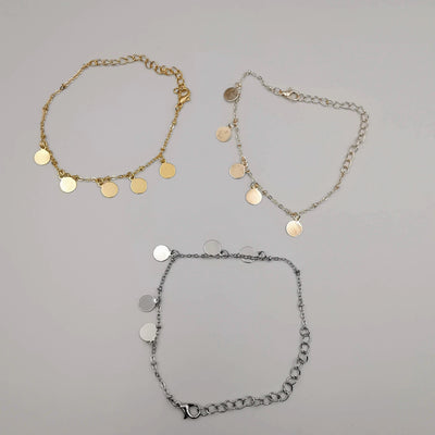 [3 Anklet Set] Round Button Design - Silver + Yellow Gold + Rose Gold - Offer Hunts