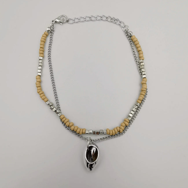 Fashion Anklet - 2 Layer - Beige/Silver - Handmade - Offer Hunts
