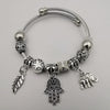 Silver Charm Bracelet [Feather + Hand + Elephant] - Adjustable Size - Offer Hunts
