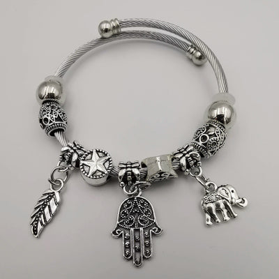 Silver Charm Bracelet [Feather + Hand + Elephant] - Adjustable Size - Offer Hunts