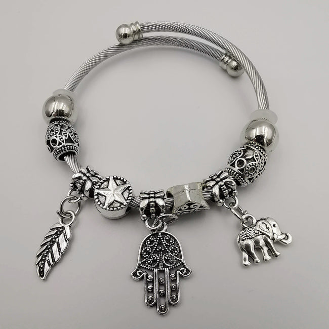 Silver Charm Bracelet [Feather + Hand + Elephant] - Adjustable Size - Offer Hunts