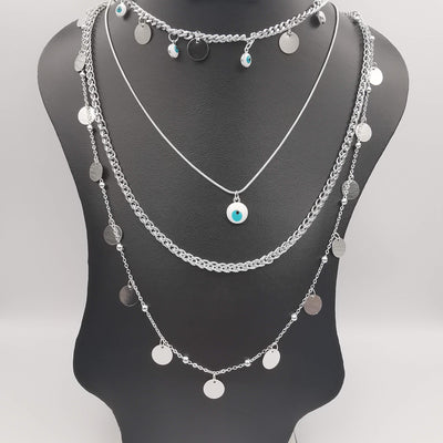 Evil Eye Danglers 4 Layer Necklace - Golden and Silver - Offer Hunts