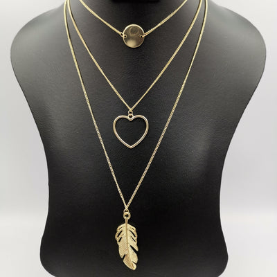 Feather Heart 3 Layer Necklace - Golden and Silver - Offer Hunts