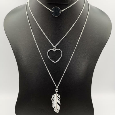 Feather Heart 3 Layer Necklace - Golden and Silver - Offer Hunts