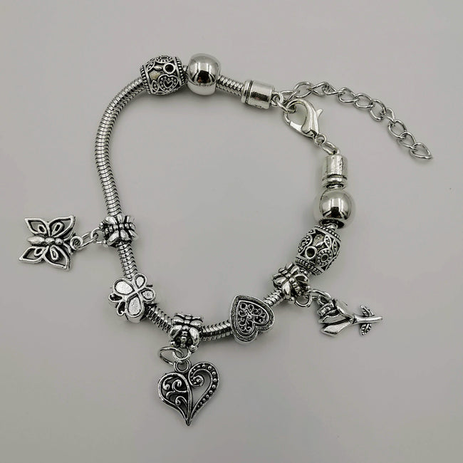 Pand0ra Clone Charm Bracelet [Heart + Butterfly + Rose] - Offer Hunts
