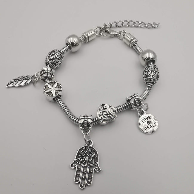 Pand0ra Clone Charm Bracelet [Feather + Hand + Peace] - Offer Hunts