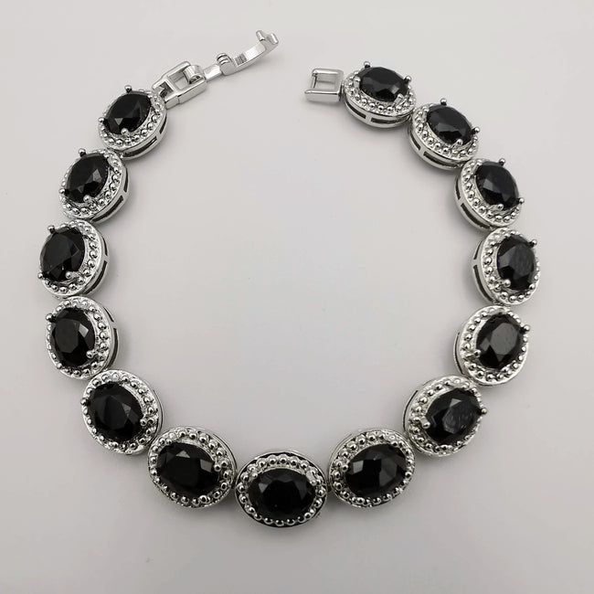 24K White Gold Plated Simulated Diamond Bracelet - Black - Offer Hunts