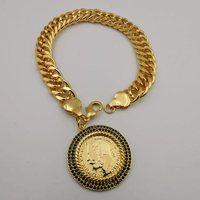 24K Gold Plated Coin - Black Zirconia Diamond Bracelet - Offer Hunts