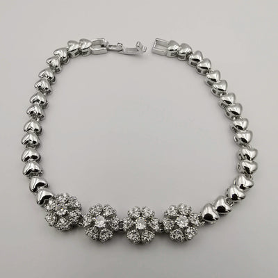 24K White Gold Plated Flower Diamond Bracelet - Clear - Offer Hunts