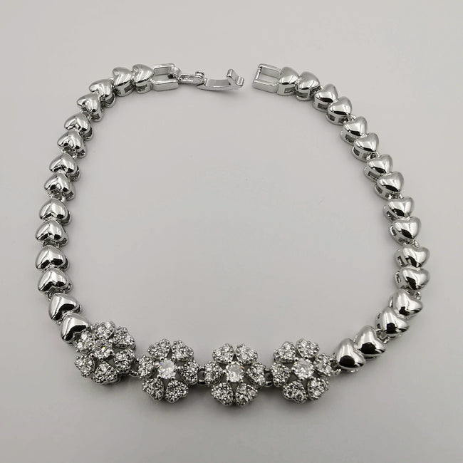 24K White Gold Plated Flower Diamond Bracelet - Clear - Offer Hunts