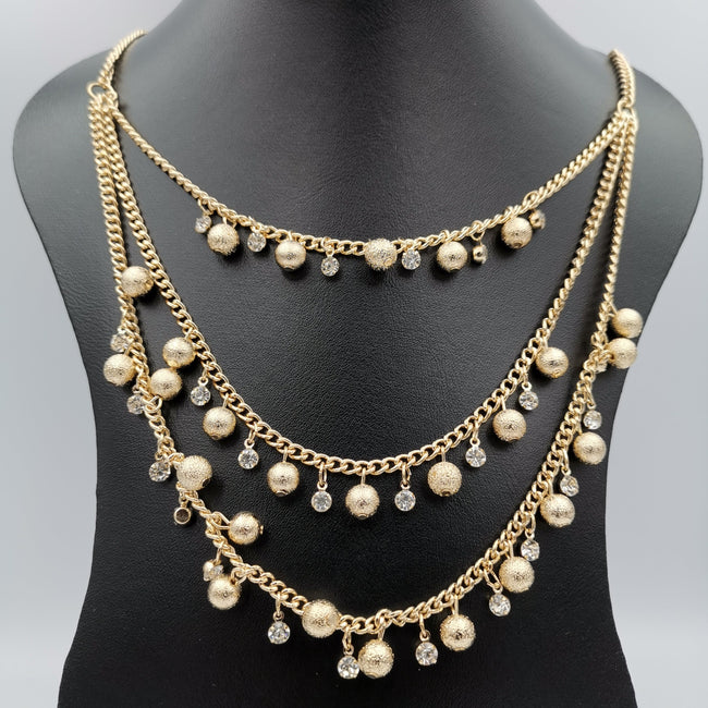 Bright Sphere with Zirconia Danglers - 3 Layer Golden Necklace - Offer Hunts