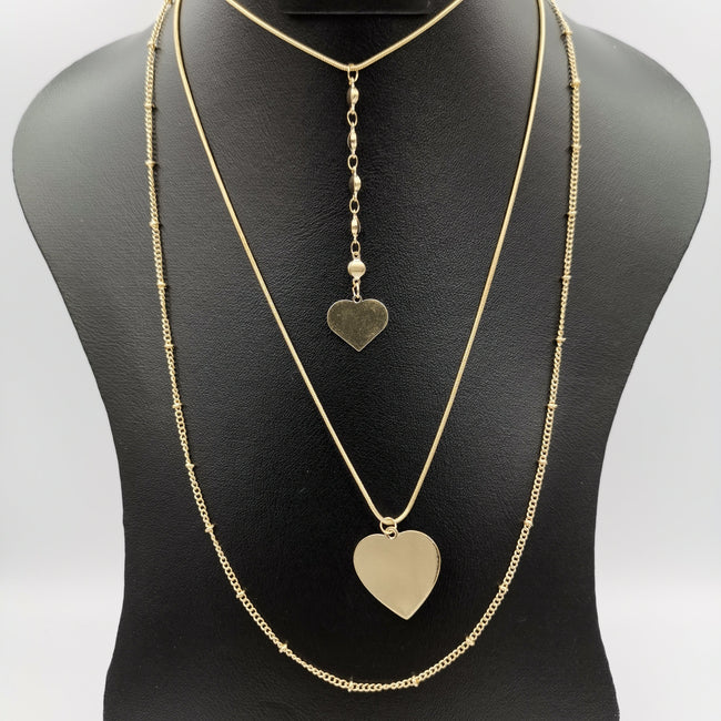 Double Heart 3 Layer Necklace - Golden - Offer Hunts