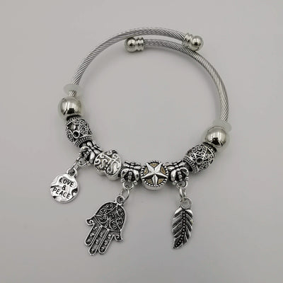 Silver Charm Bracelet [Feather + Elephant + Peace] - Adjustable Size - Offer Hunts