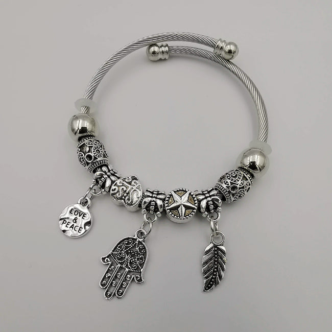 Silver Charm Bracelet [Feather + Elephant + Peace] - Adjustable Size - Offer Hunts