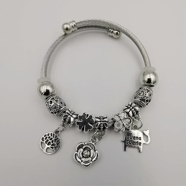 Silver Charm Bracelet [Tree + Rose + Elephant] - Adjustable Size - Offer Hunts