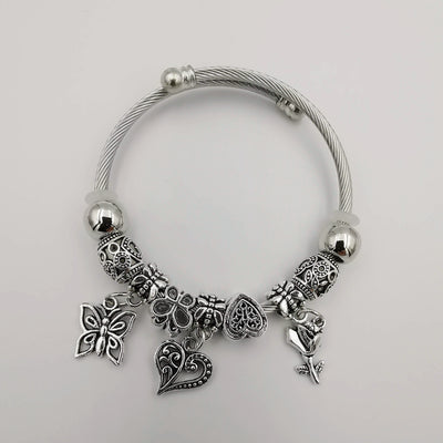 Silver Charm Bracelet [Butterfly + Rose + Heart] - Adjustable Size - Offer Hunts