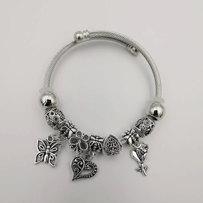 Silver Charm Bracelet [Butterfly + Rose + Heart] - Adjustable Size - Offer Hunts