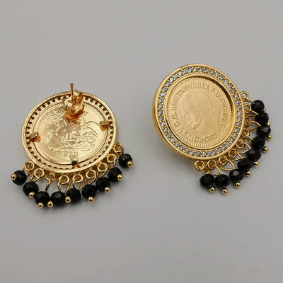 24K Gold Plated Coin Black Stones with Diamonds Earrings - Offer Hunts