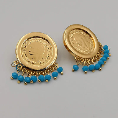 24K Gold Plated Coin Turquoise Stones Earrings - Offer Hunts