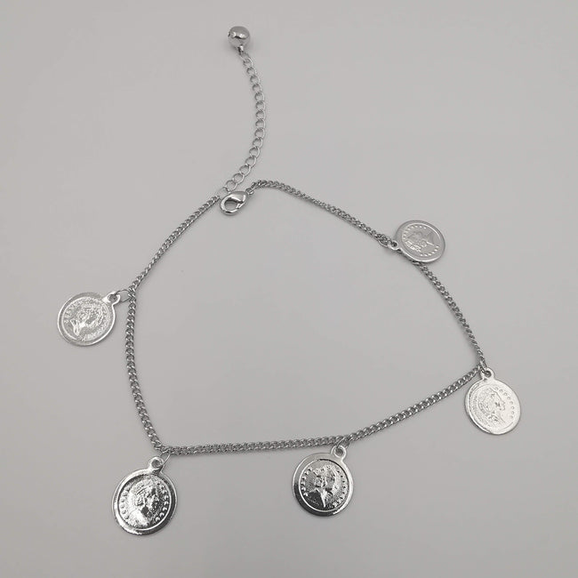 18K White Gold Plated Coin Anklet - Offer Hunts