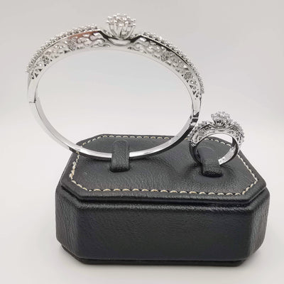 24K White Gold Plated Bracelet and Stone Ring Size 17 Set - Offer Hunts