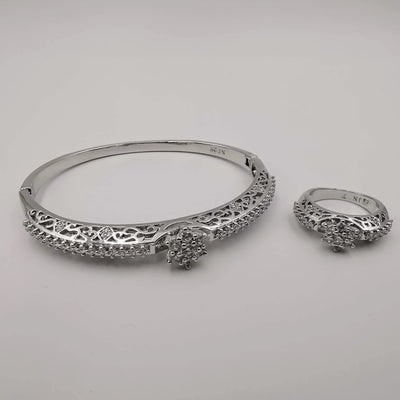 24K White Gold Plated Bracelet and Stone Ring Size 17 Set - Offer Hunts