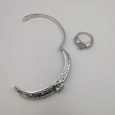 24K White Gold Plated Bracelet and Stone Ring Size 17 Set - Offer Hunts