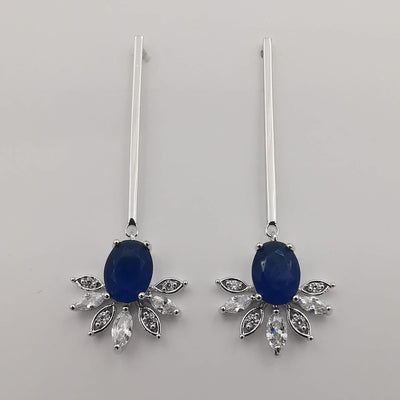 Silver Plated Blue Gem Stem Earrings - Offer Hunts