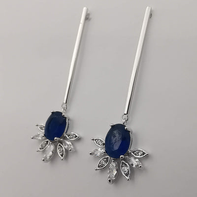 Silver Plated Blue Gem Stem Earrings - Offer Hunts