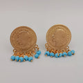 24K Gold Plated Slim Coin Turquoise Stones Earrings - Offer Hunts
