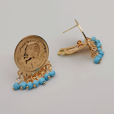 24K Gold Plated Slim Coin Turquoise Stones Earrings - Offer Hunts