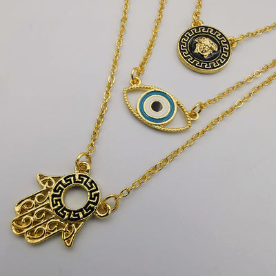 24K Gold Plated 3 Layer [Eye + Hand + Vers.ace] Necklace