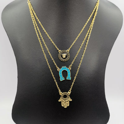 24K Gold Plated 3 Layer [Horseshoe + Hand + Vers.ace] Necklace