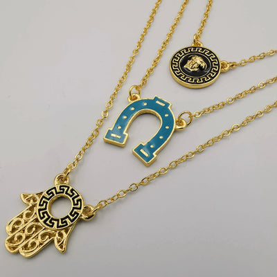 24K Gold Plated 3 Layer [Horseshoe + Hand + Vers.ace] Necklace