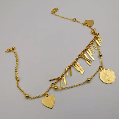 24K Gold Plated Coin Heart Danglers Anklet