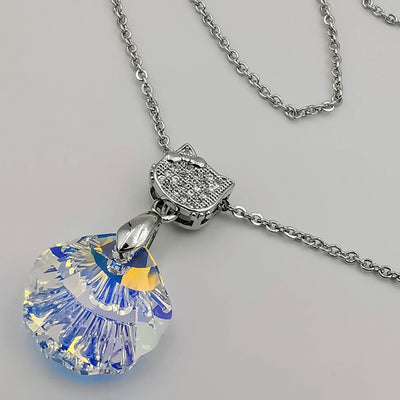 24K Gold Plated Swarovs.ki Shell Crystal Necklace - Clear/Silver/Kitty