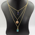 24K Gold Plated 3 Layer [Coin + Blue Key + Turquoise Lock] Necklace
