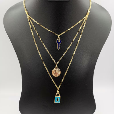 24K Gold Plated 3 Layer [Coin + Blue Key + Turquoise Lock] Necklace